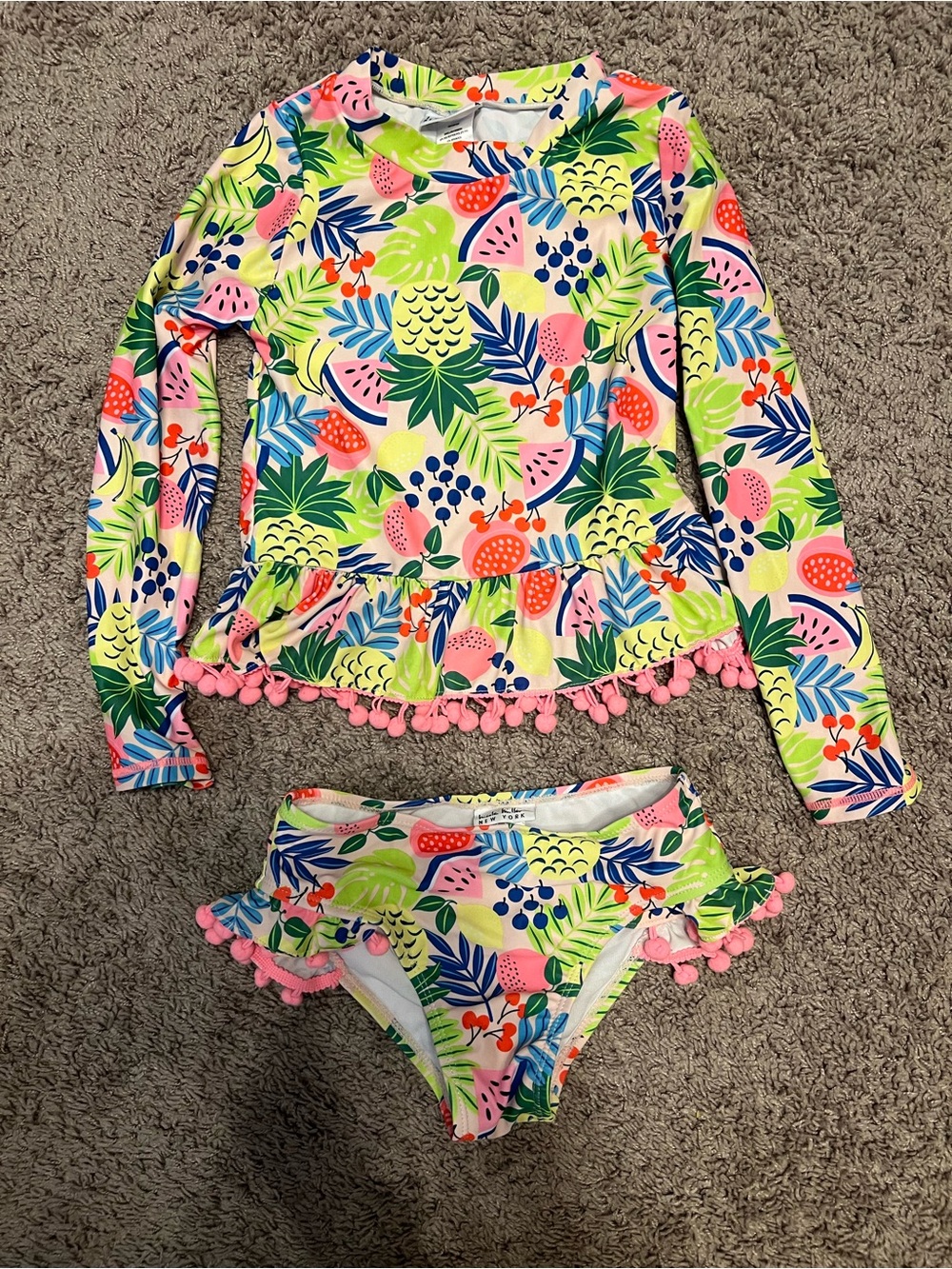 Rash Guard Swim Set - Girls Tropical Long-Sleeve - Pink Pom Trim